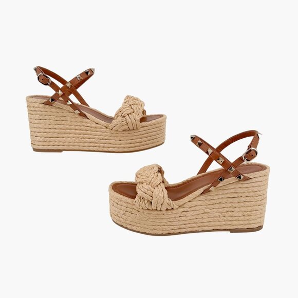 Valentino Garavani Rockstud Braided Espadrille Wedge Sandals Brown Size 38 US 8 - Picture 7 of 14